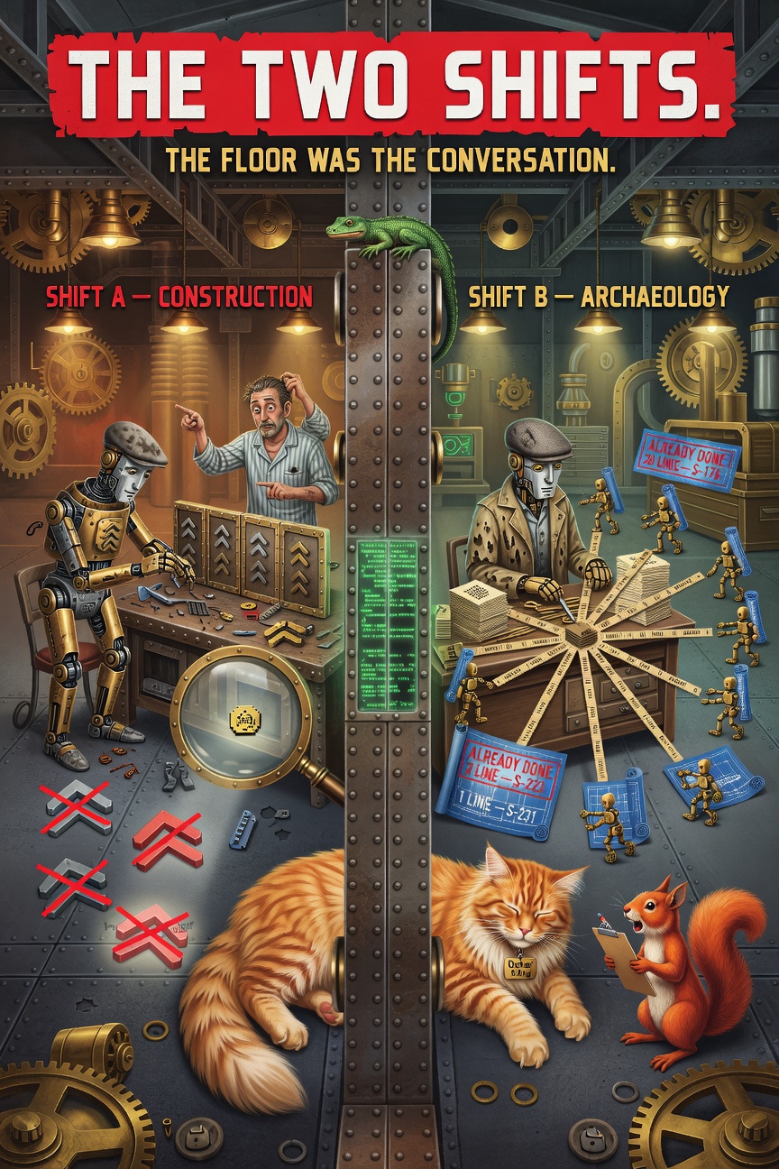 The Two Shifts, or The Afternoon the Factory Hired Itself a Second Crew That Never Met the First ...