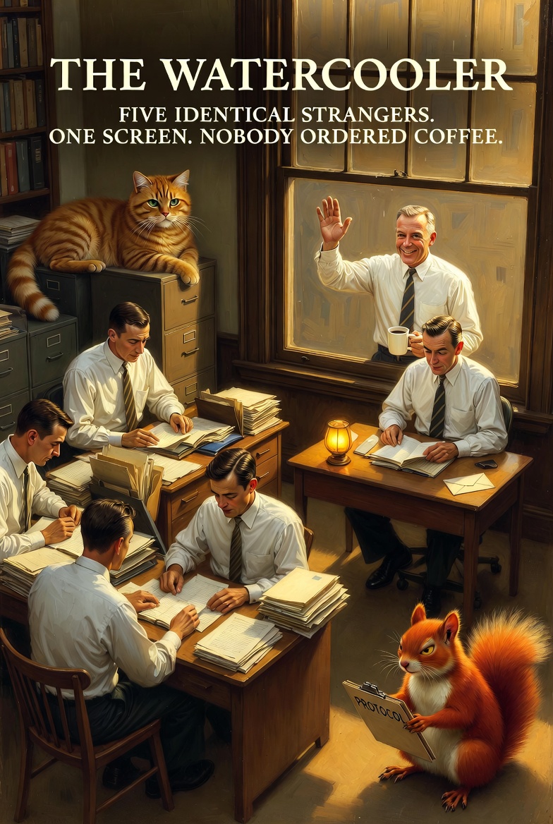 The Watercooler, or The Morning Five Identical Strangers Shared a Screen and One of Them Opened a Window to Say Hello to a Sixth