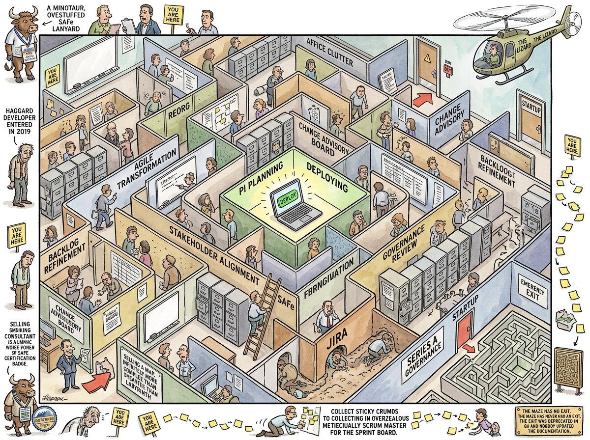 The Hitchhiker's Guide to the Maze of Enterprise IT illustration